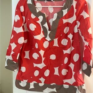 Boden Coral and White Graphic Blouse with Notched Collar